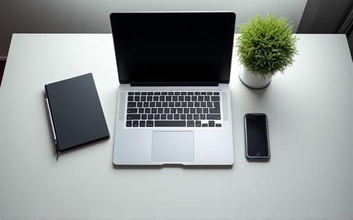 노트북, 스마트폰, 스마트워치가 놓인 깔끔한 작업 공간