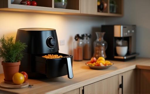 에어프라이어에서 조리 중인 음식과 커피머신이 놓인 주방 카운터
