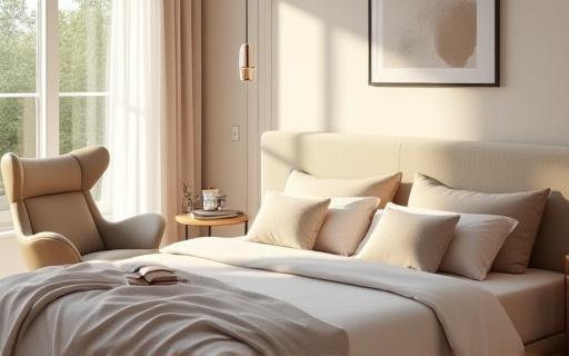 편안한 매트리스와 세련된 의자가 있는 아늑한 침실